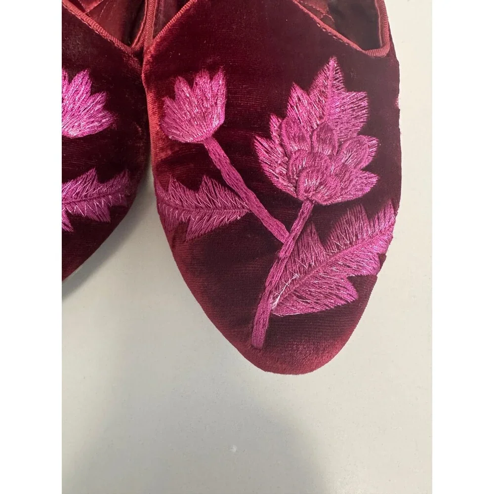 Birdies Heron Embroidered Flat in Crimson Velvet, featuring metallic floral - Picture 5 of 9